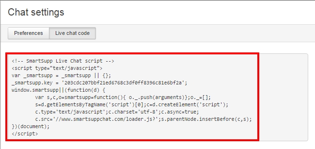  Embed code from the Smartsupp live chat widget 