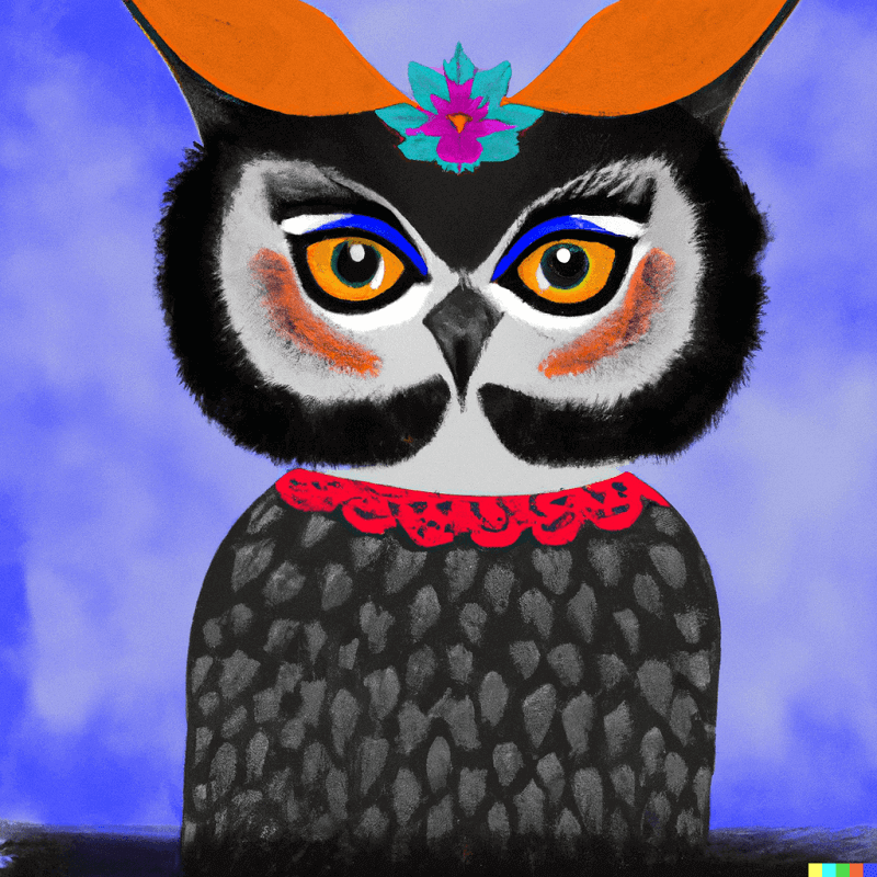 Examples of art created with Dall e, Frida Kahlo as an owl