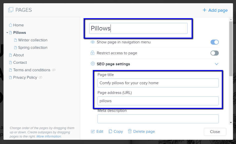 Page name, address and title can all be easily updated in Webnode Page Settings.