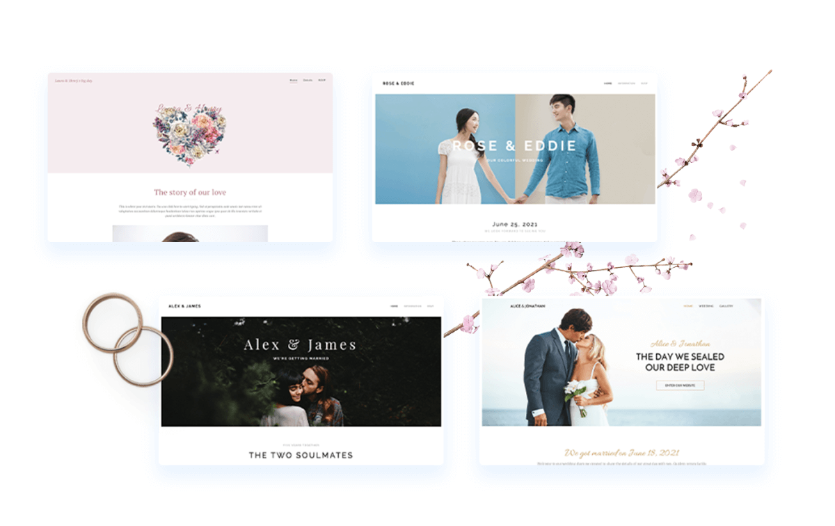 Selection of wedding templates. From top left to bottom right are a heart of flowers, a couple holding hands, a hippy couple kissing in the forest, a kissing couple in elegant dresses