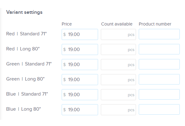 Product Variant settings