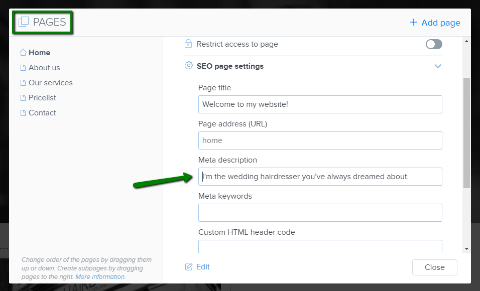 Meta descriptions of your pages