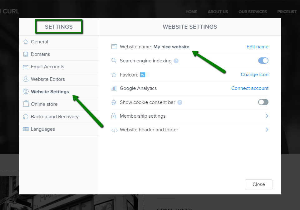 SEO settings in Webnode website builder