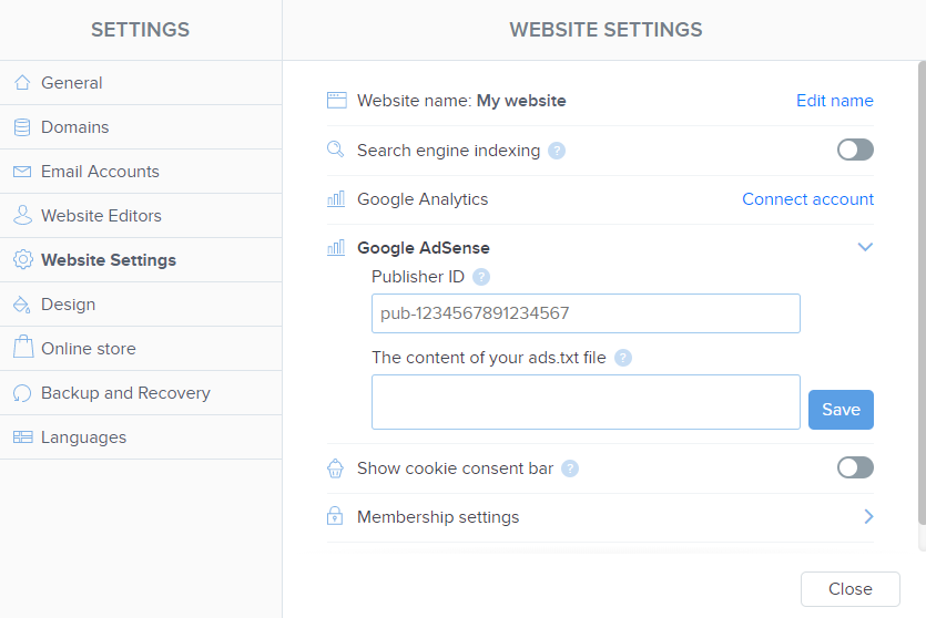 Settings for AdSense and ads.txt file in Webnode