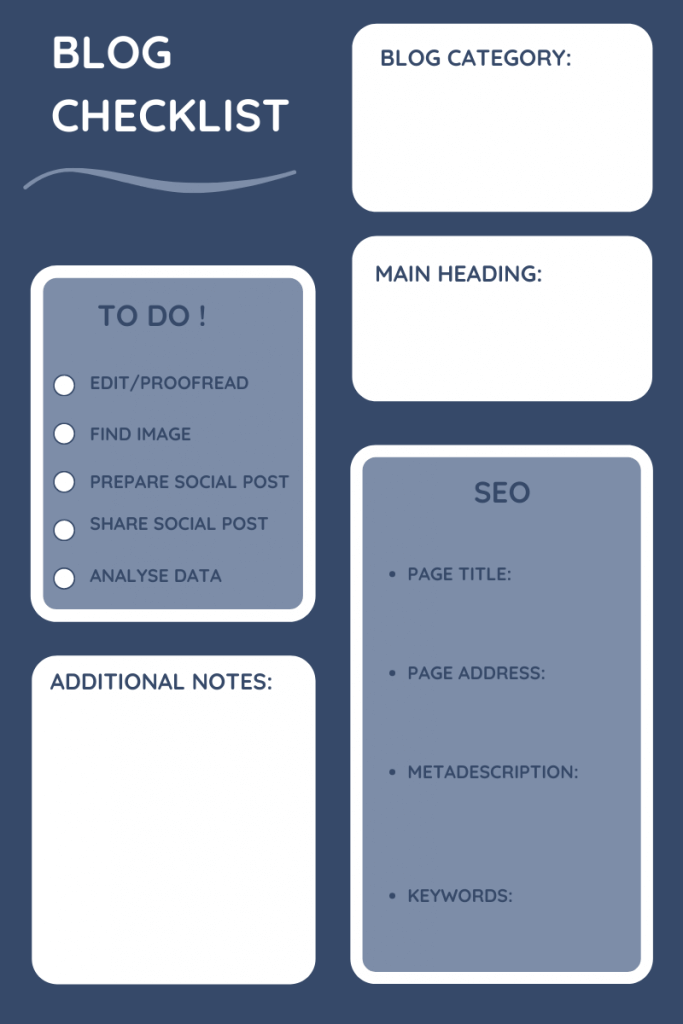 Blog checklist showing blog catergory at the top followed by main header, SEO and to do list to tick off most important tasks, like proofread, find image, share social post, analyse data.