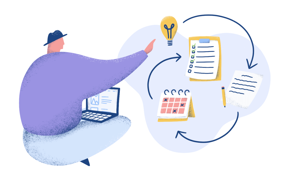 seated character in purple sweater in control of his plans to organize and schedule all steps from the idea to the written text