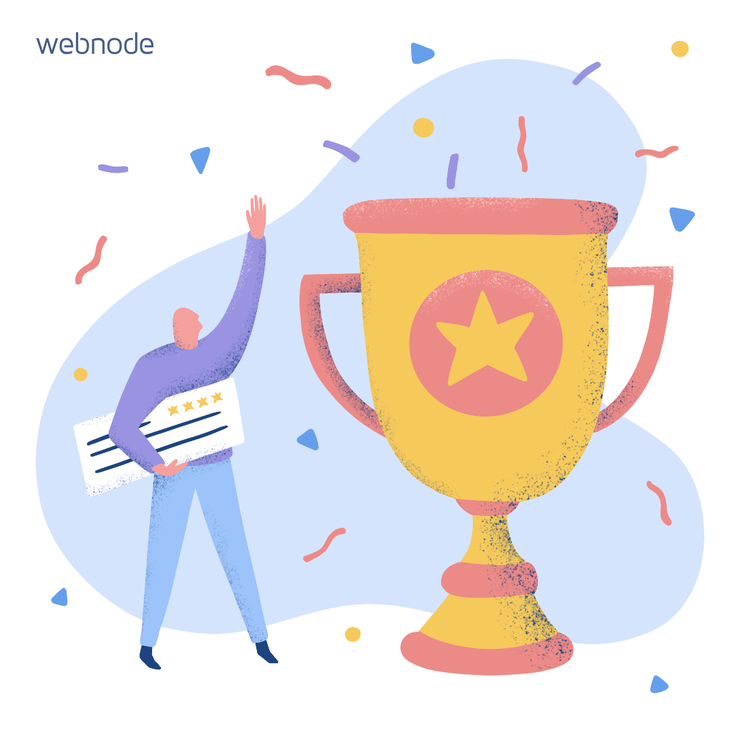 Illustration in blue and yellow colours showing a person waving his hand next to a winning trophy