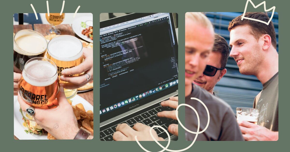 Selected photos of Webnodes Open Day showing beer glasses, code text on a laptop and people chatting