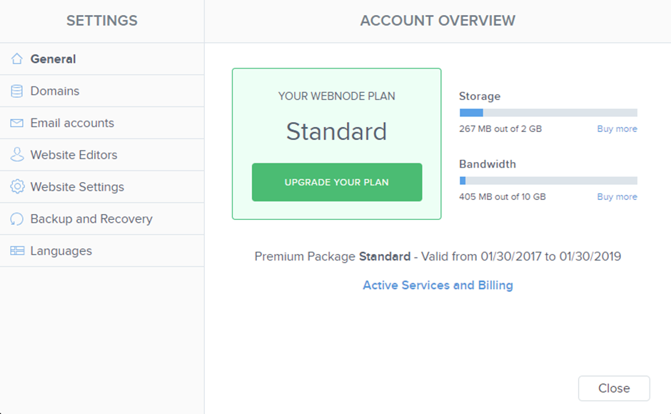 Bandwidth and storage in Webnode editor