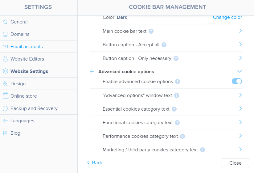 Advanced cookie settings