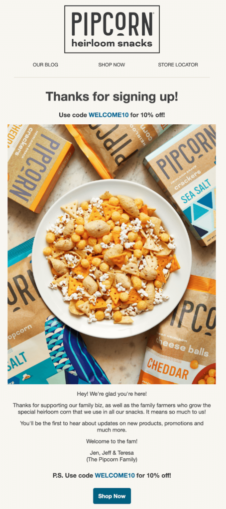 Pipcorn’s welcome email 