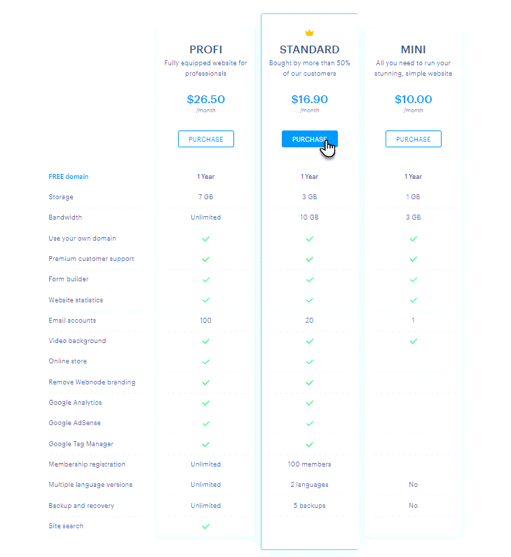 Features and benefits of Webnode premium plans
