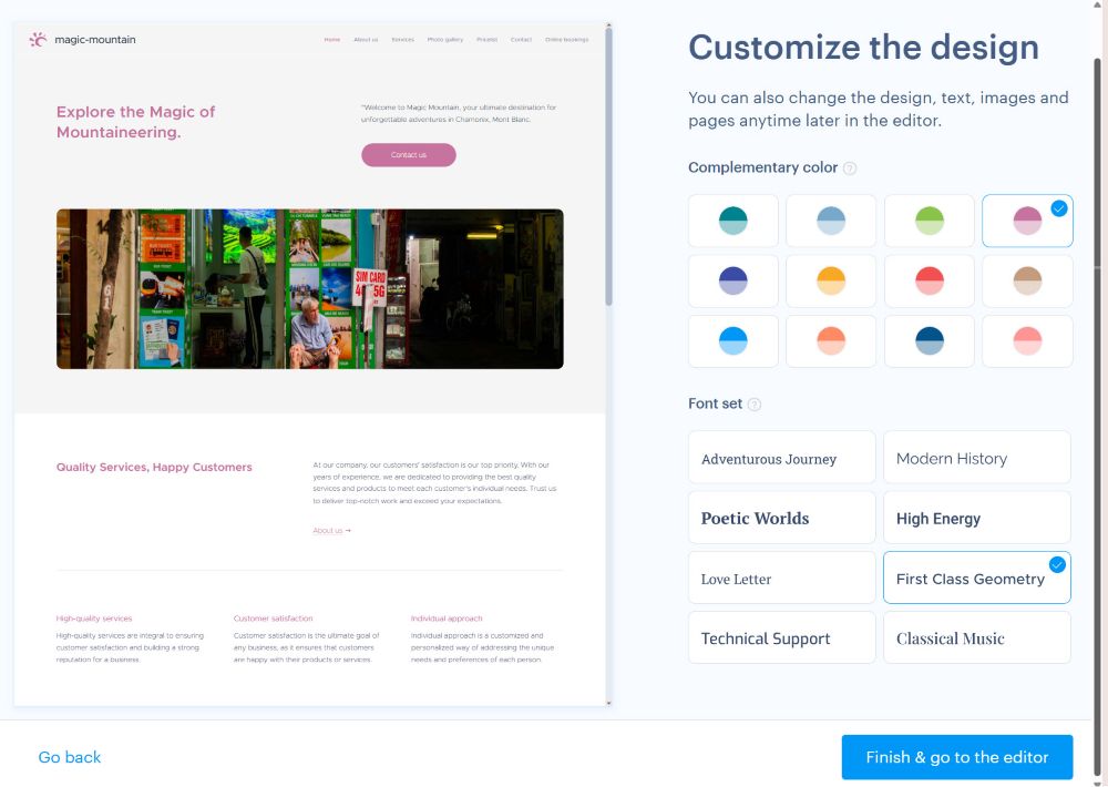 Customize design. Customize colours and font of the selected template. 