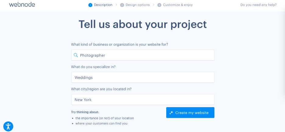A screenshot of the three prompts used to make an AI-built website in Webnode.