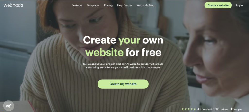 A page from Webnode's homepage inviting visitors to "make your own website for free in seconds."