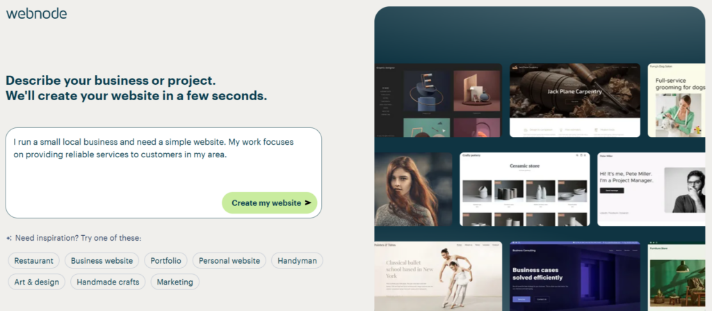 A screenshot showing the first steps of creating a website with Webnode.