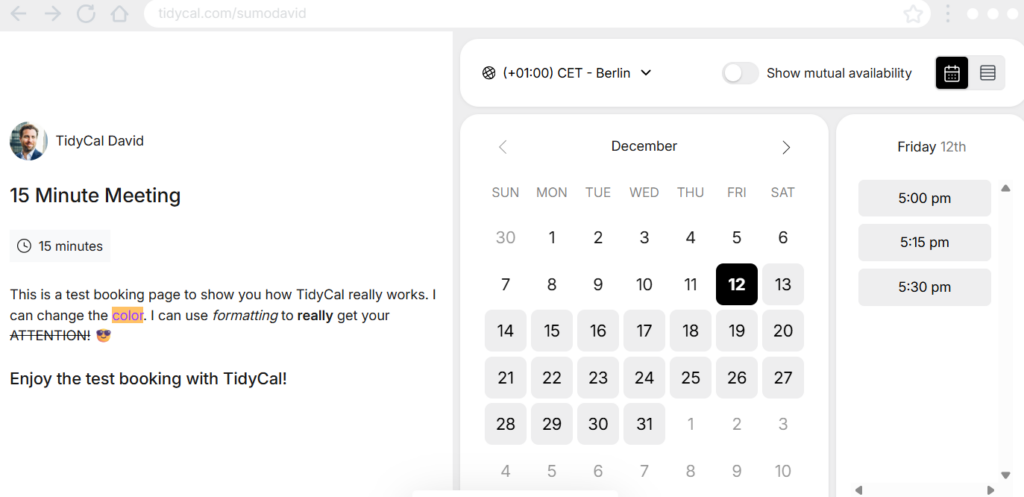 TidyCal dashboard for managing meetings
