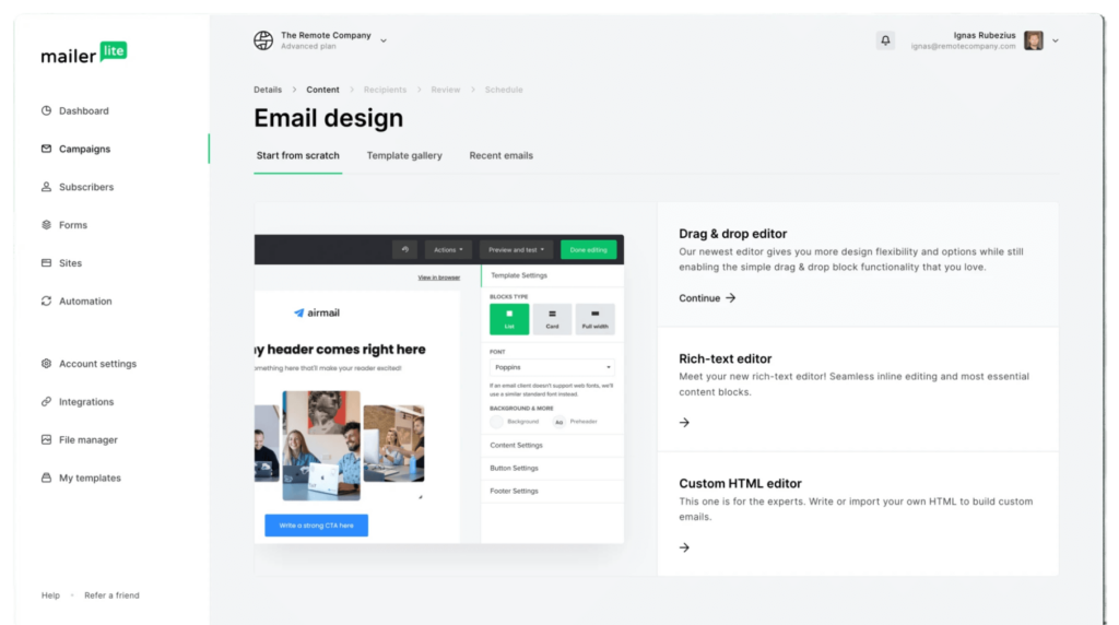 MailerLite dashboard interface for managing email campaigns